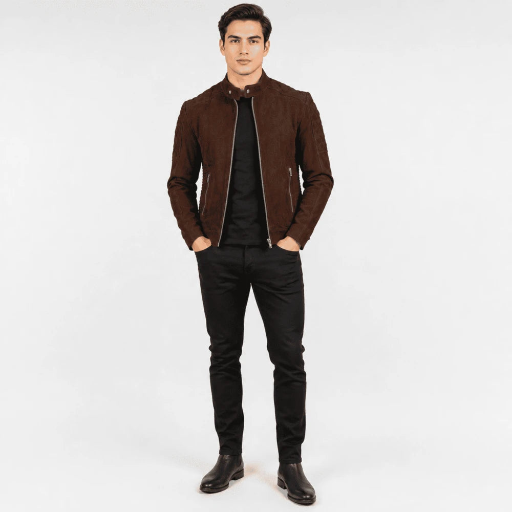 Arden Brown Goatskin Suede Quilted Biker Jacket