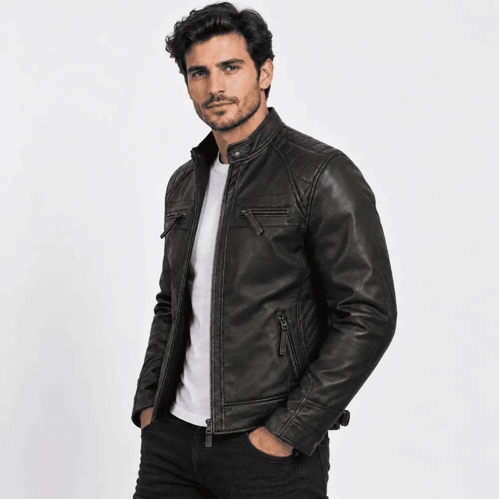 Blackridge Black Lambskin Leather Cafe Racer Jacket