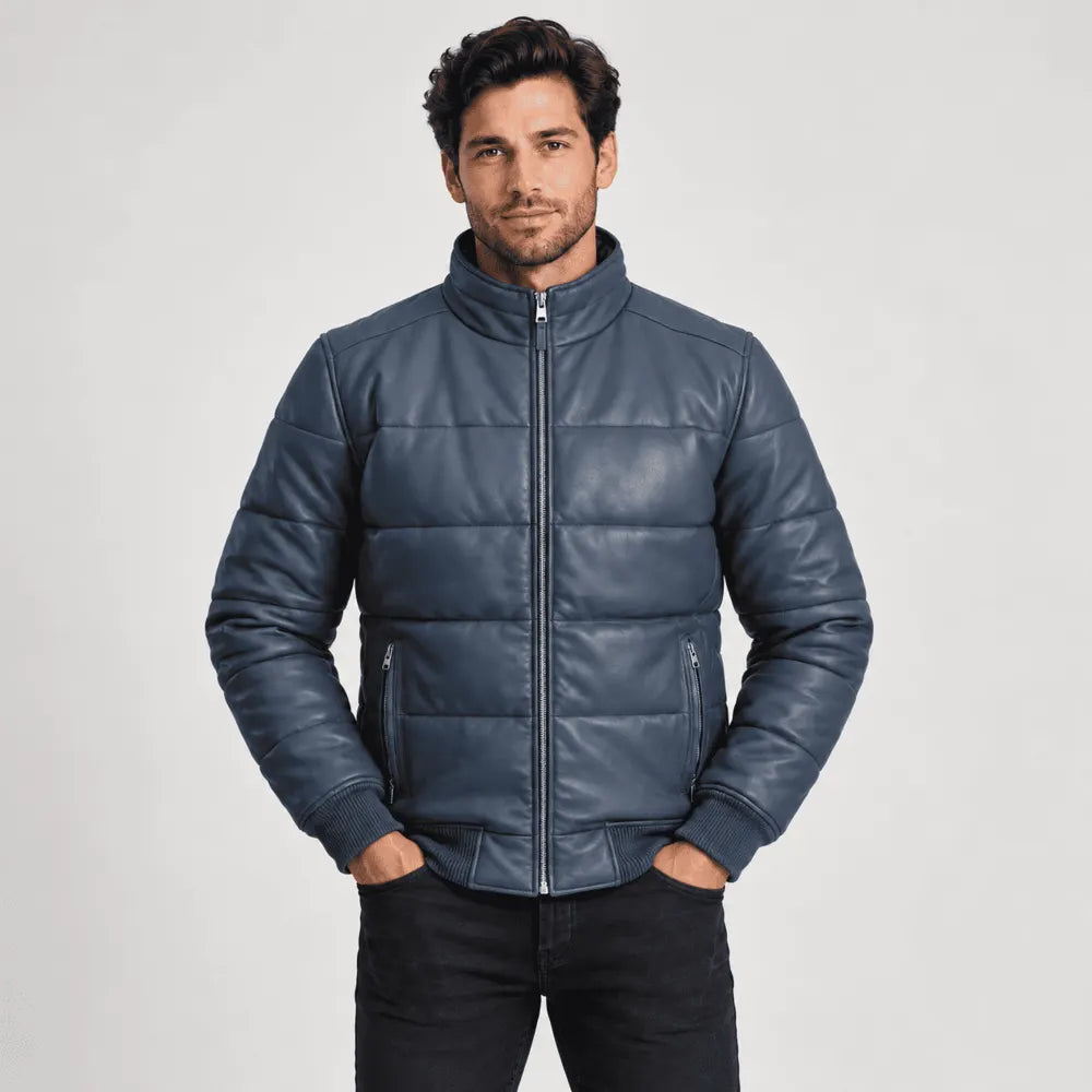 Bluehaven Blue Sheepskin Leather Puffer Bomber Jacket