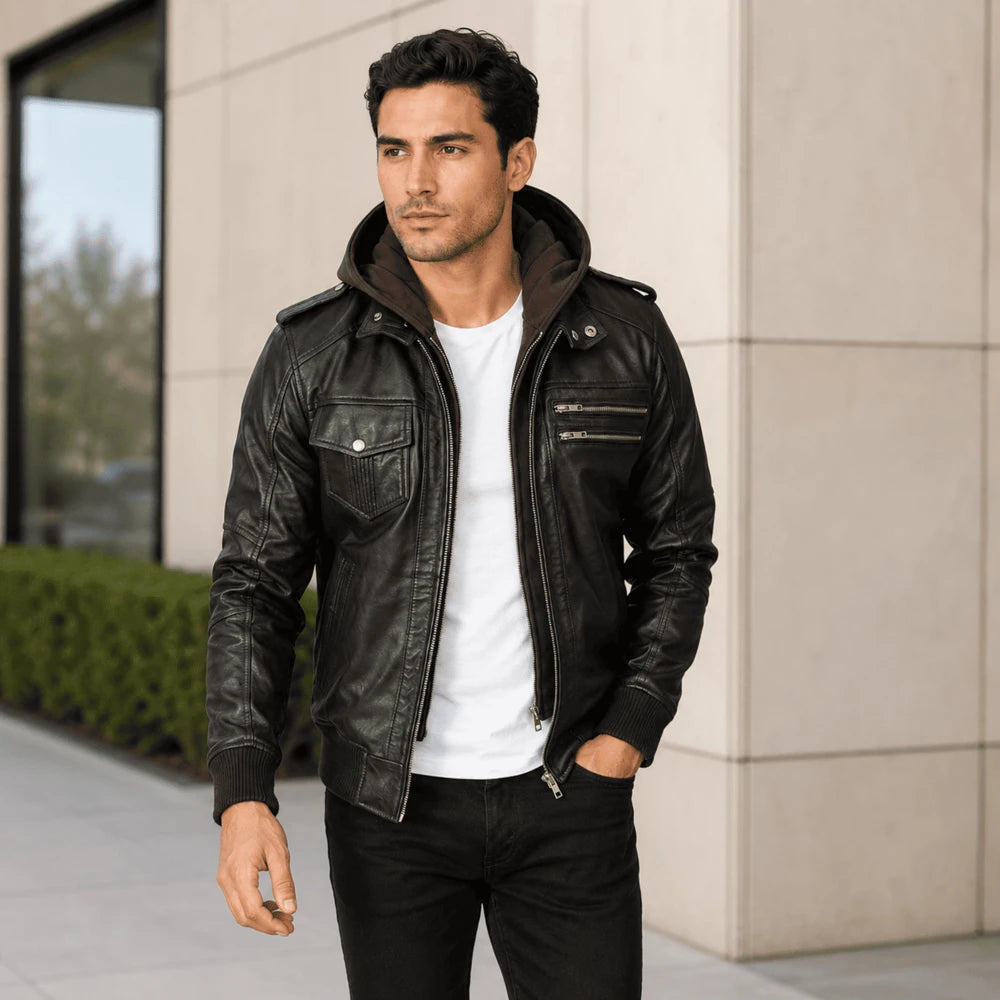 Hawthorne Brown Sheepskin Leather Hooded Bomber Jacket