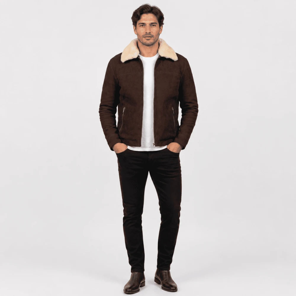 Lennox Distressed Brown Goat Suede Shearling Jacket