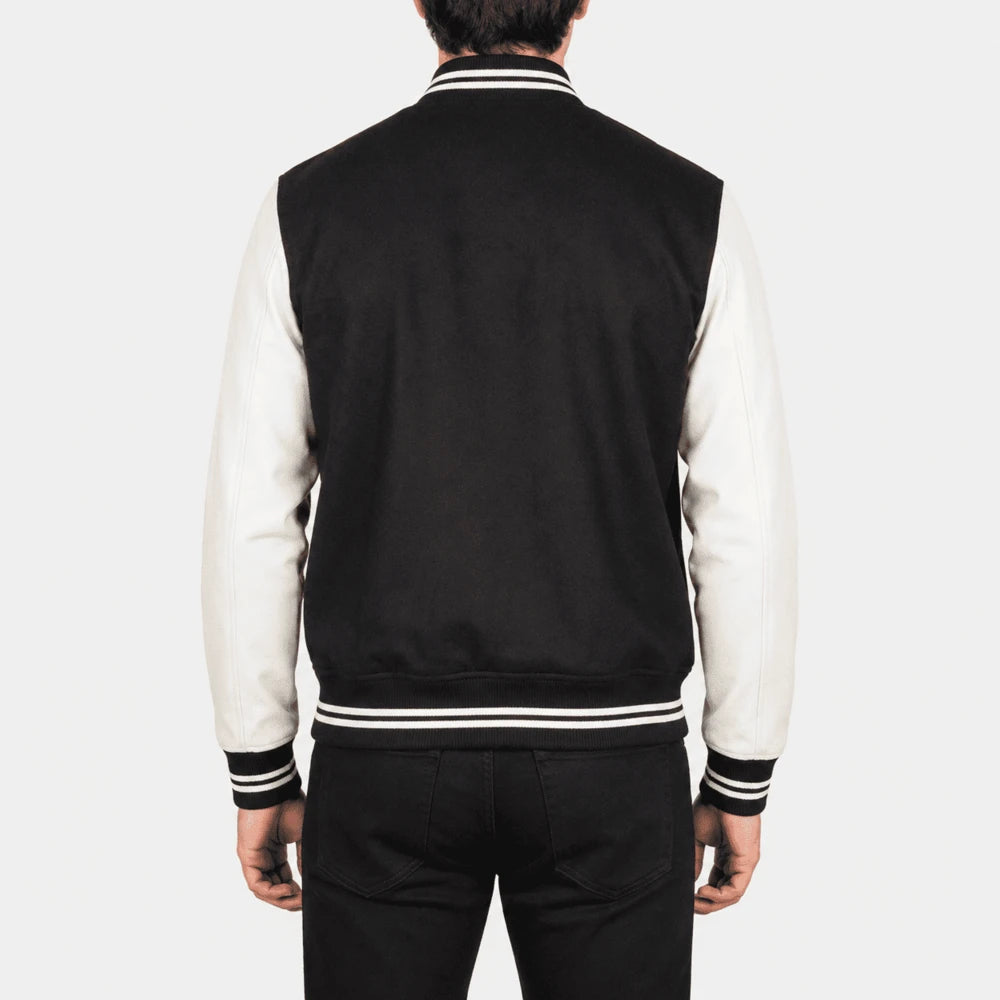 Maddox Black & White Sheepskin Leather Sleeve Varsity Jacket
