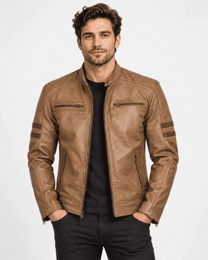 Marlowe Camel Waxed Leather Biker Jacket with Cognac Stripes