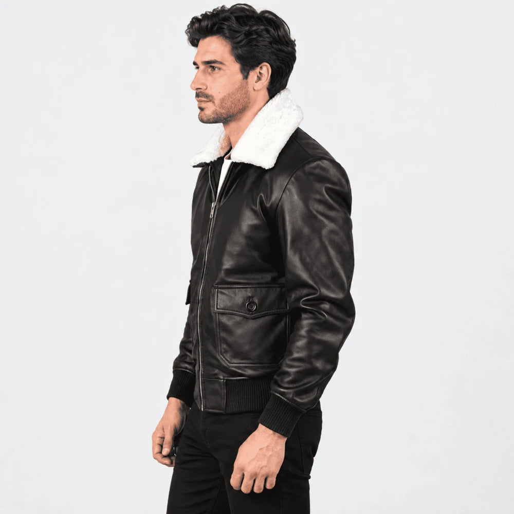 Noircrest Black & White Leather Bomber Jacket