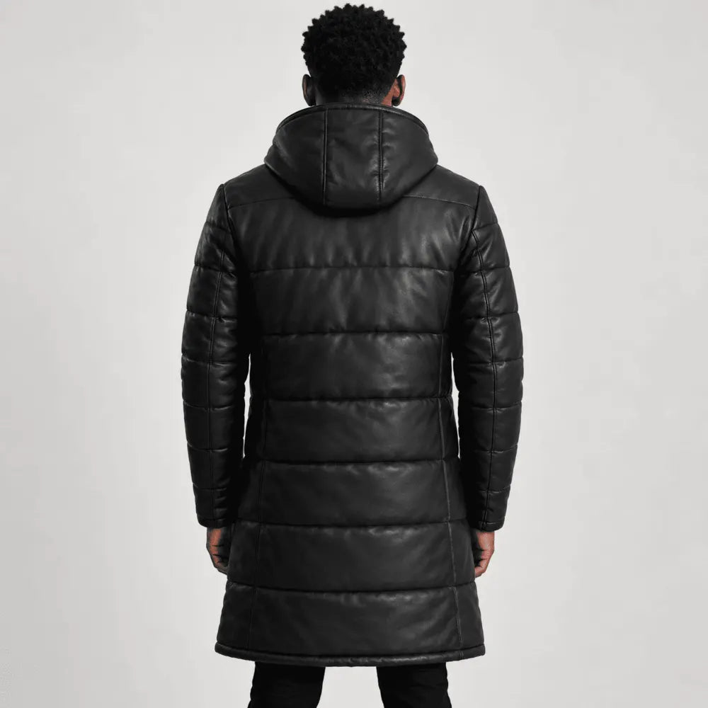 Ravenholt Black Sheepskin Leather Hooded Puffer Coat
