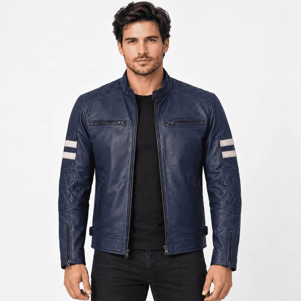 Stratford Blue Waxed Leather Biker Jacket with White Stripes