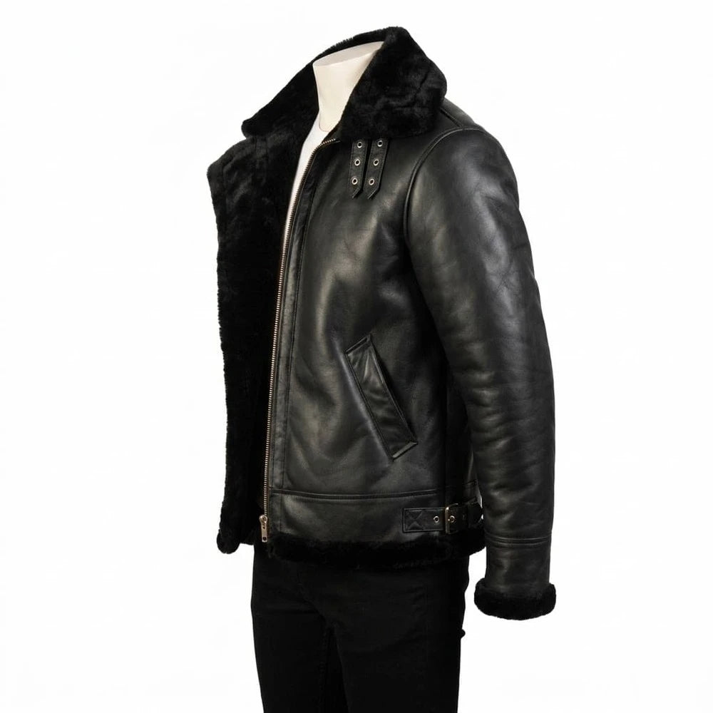 The Vance Black Leather B-3 Bomber Jacket