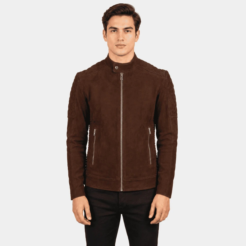 Arden Brown Goatskin Suede Quilted Biker Jacket