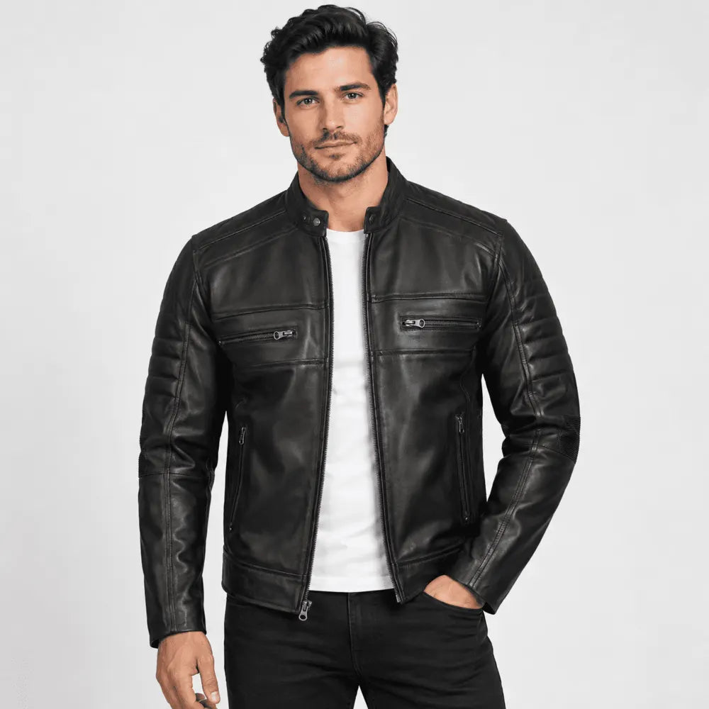 Ashford Black Lambskin Leather Cafe Racer Jacket