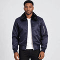 Azurecrest Blue Satin Bomber Jacket with Faux Fur Collar