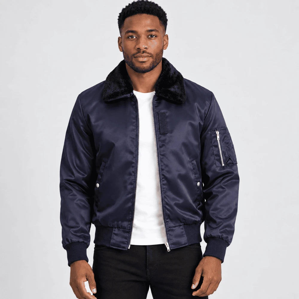 Azurecrest Blue Satin Bomber Jacket with Faux Fur Collar