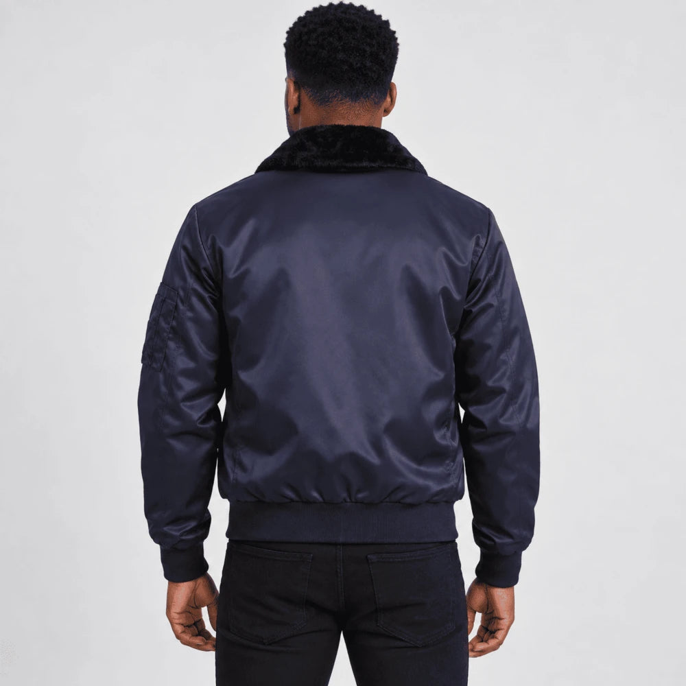 Azurecrest Blue Satin Bomber Jacket with Faux Fur Collar