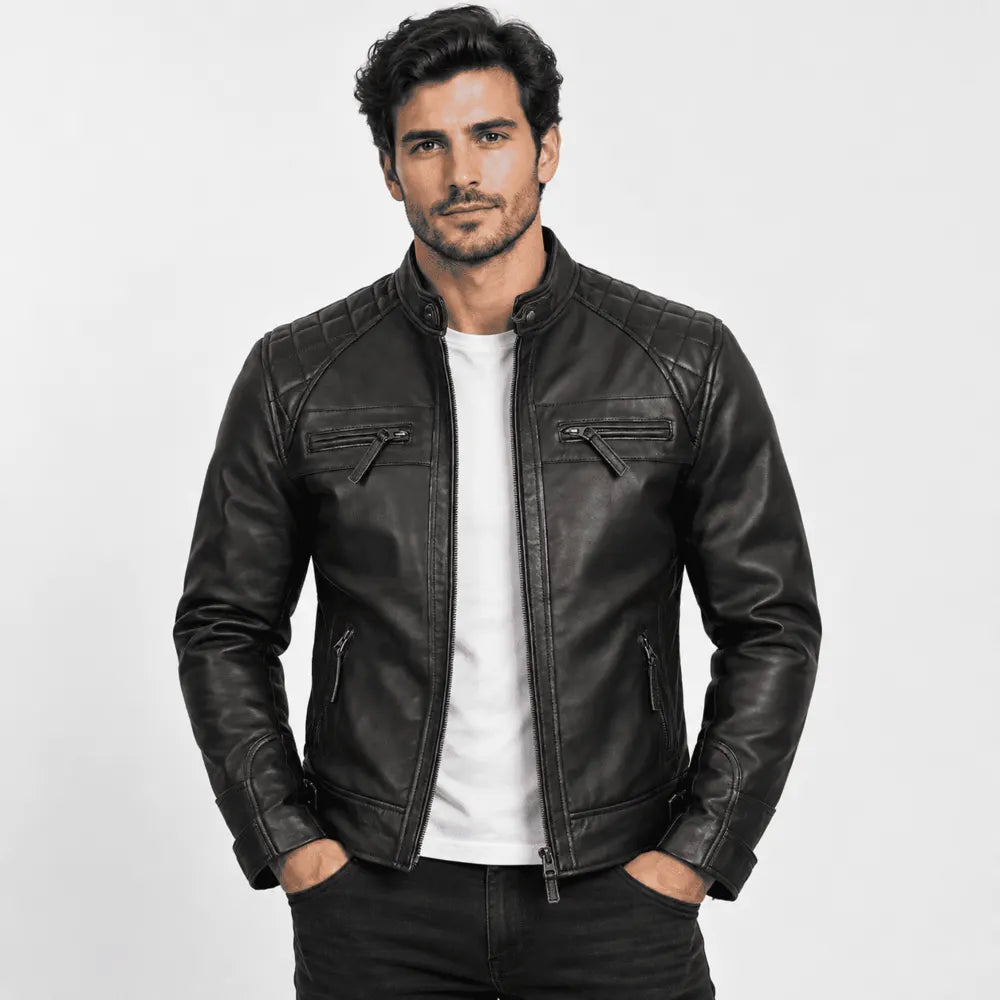 Blackridge Black Lambskin Leather Cafe Racer Jacket