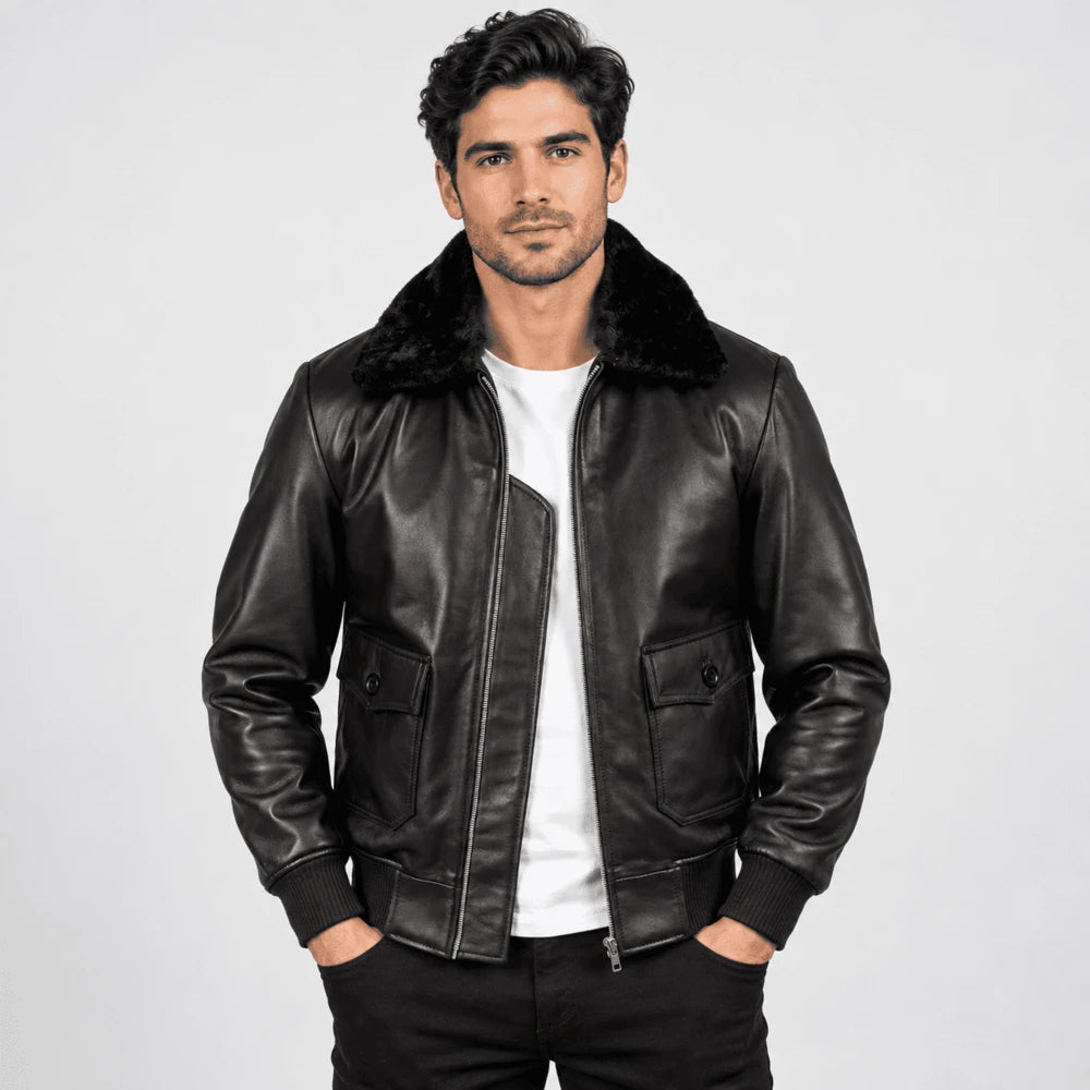 Blackthorn Black Sheepskin Leather Bomber Jacket