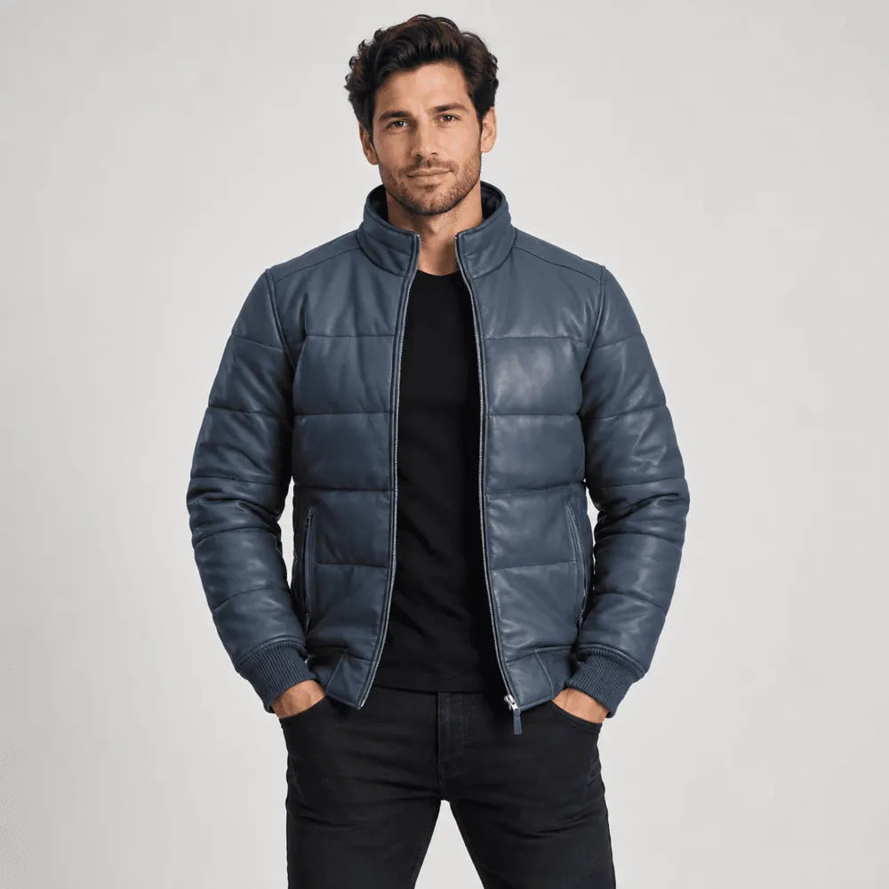 Bluehaven Blue Sheepskin Leather Puffer Bomber Jacket