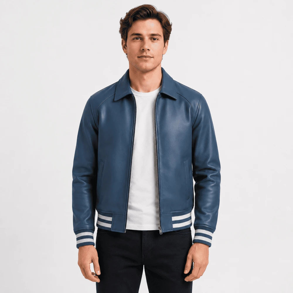 Calder Blue Sheepskin Leather Varsity Jacket
