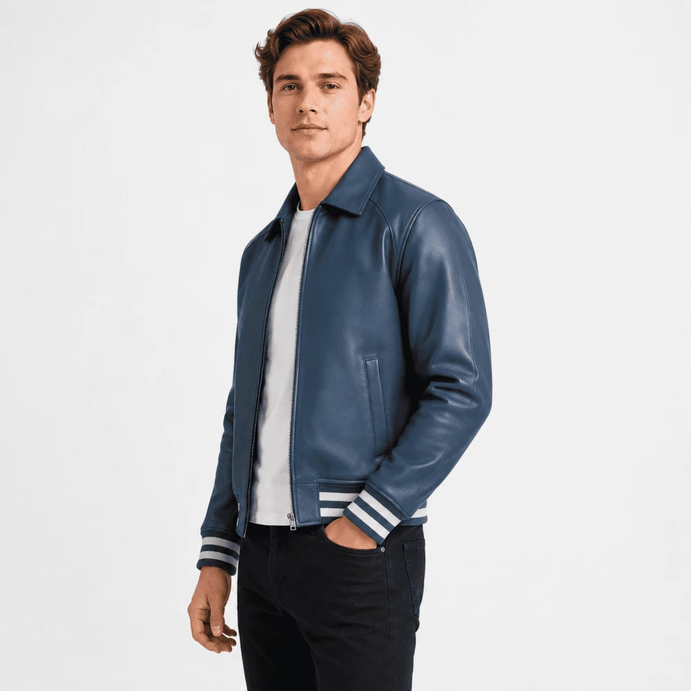 Calder Blue Sheepskin Leather Varsity Jacket