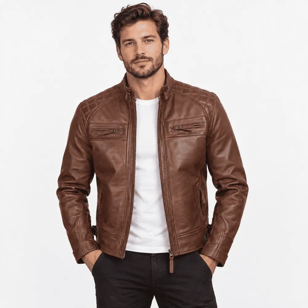 Caverton Cognac Lambskin Cafe Racer Leather Jacket