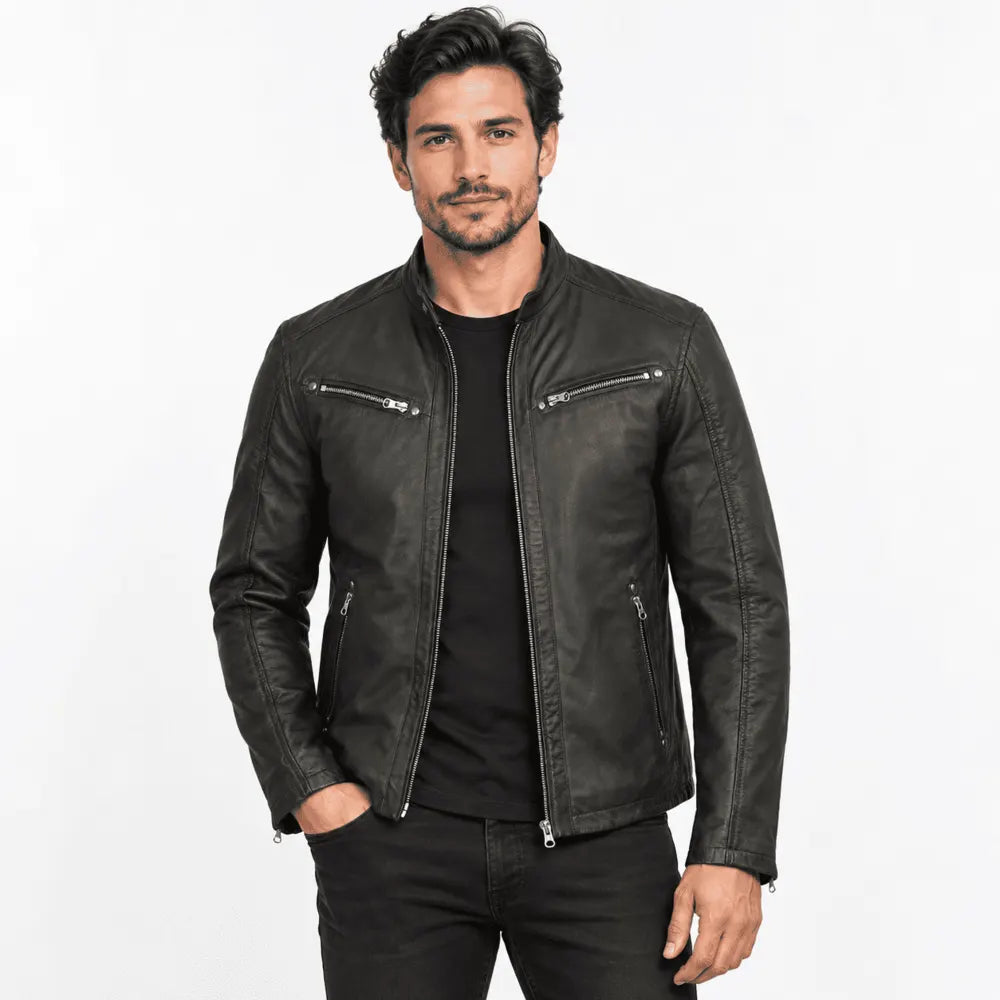 Everett Olive Green Lambskin Leather Cafe Racer Jacket