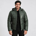 Evergrove Green Sheepskin Leather Puffer Jacket with Removable Hood