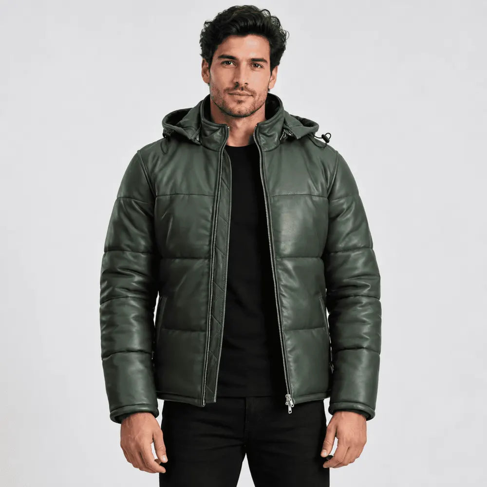 Evergrove Green Sheepskin Leather Puffer Jacket with Removable Hood