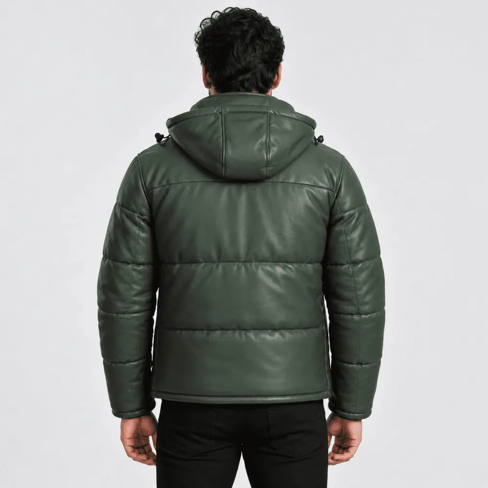 Evergrove Green Sheepskin Leather Puffer Jacket with Removable Hood