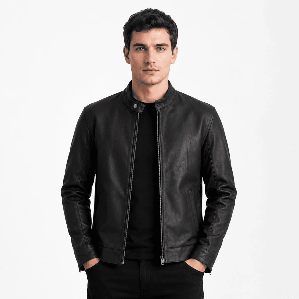 Grayson Tumbled Black Sheepskin Leather Biker Jacket