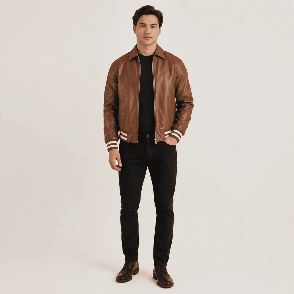 Harrington Brown Sheepskin Leather Varsity Jacket