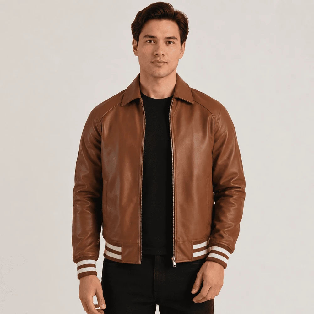 Harrington Brown Sheepskin Leather Varsity Jacket