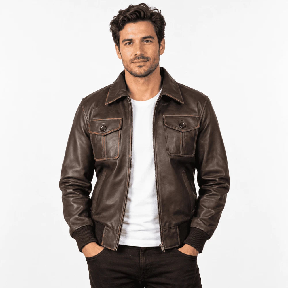 Hawthorne Brown Goatskin Rub-Off Leather Bomber Jacket