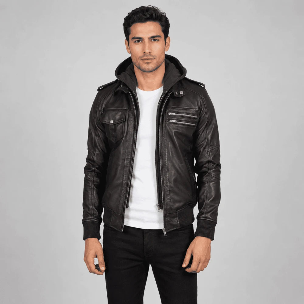 Hawthorne Brown Sheepskin Leather Hooded Bomber Jacket