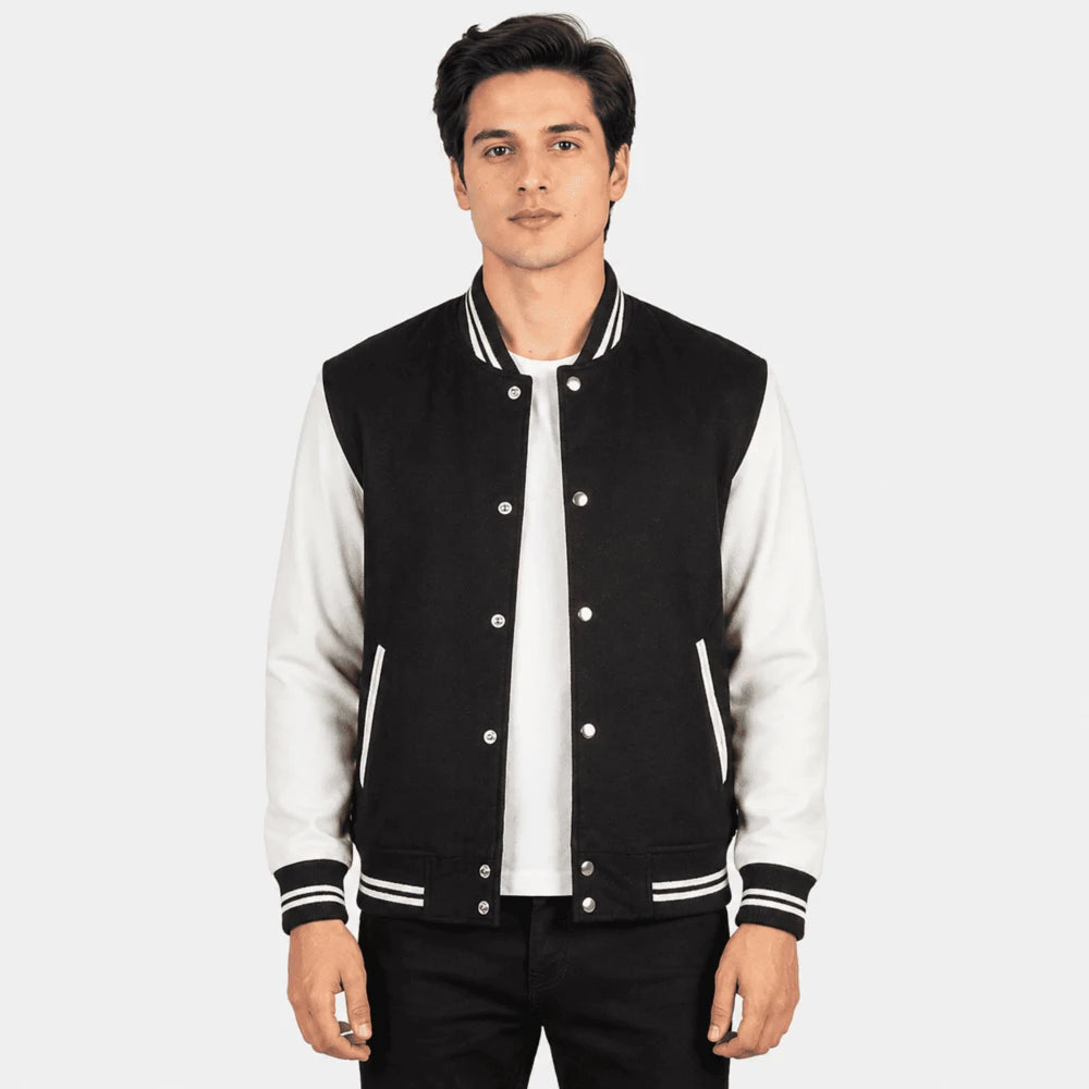 Maddox Black & White Sheepskin Leather Sleeve Varsity Jacket