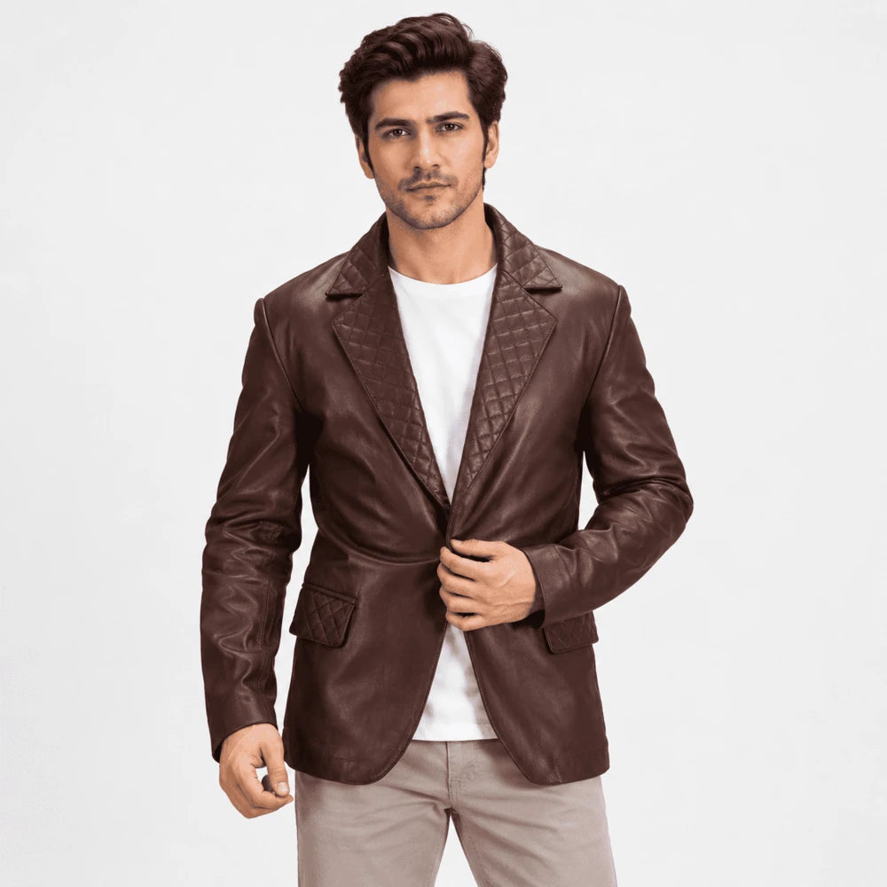 Marcellan Quilted Maroon Sheepskin Leather Blazer