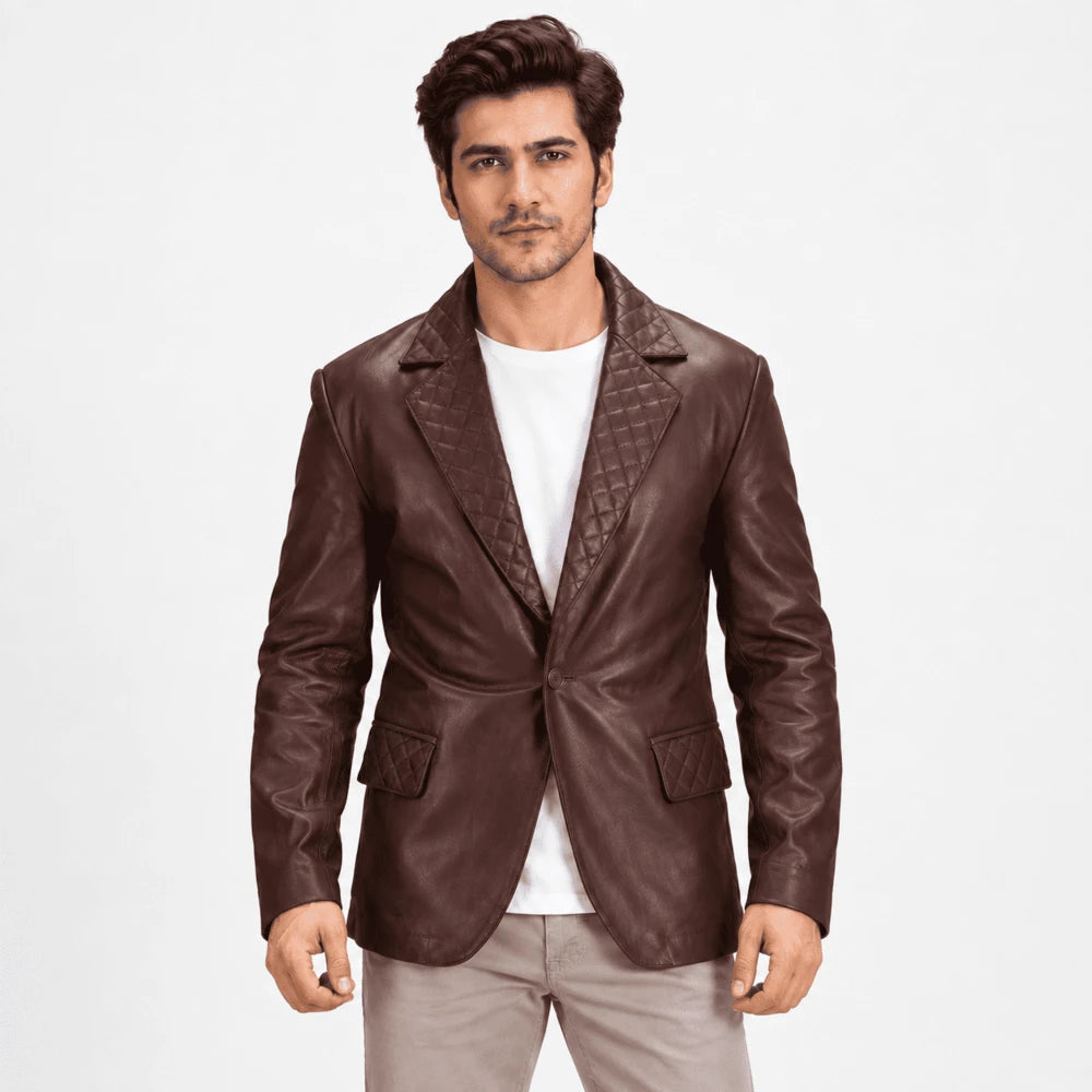 Marcellan Quilted Maroon Sheepskin Leather Blazer