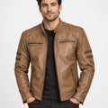 Marlowe Camel Waxed Leather Biker Jacket with Cognac Stripes