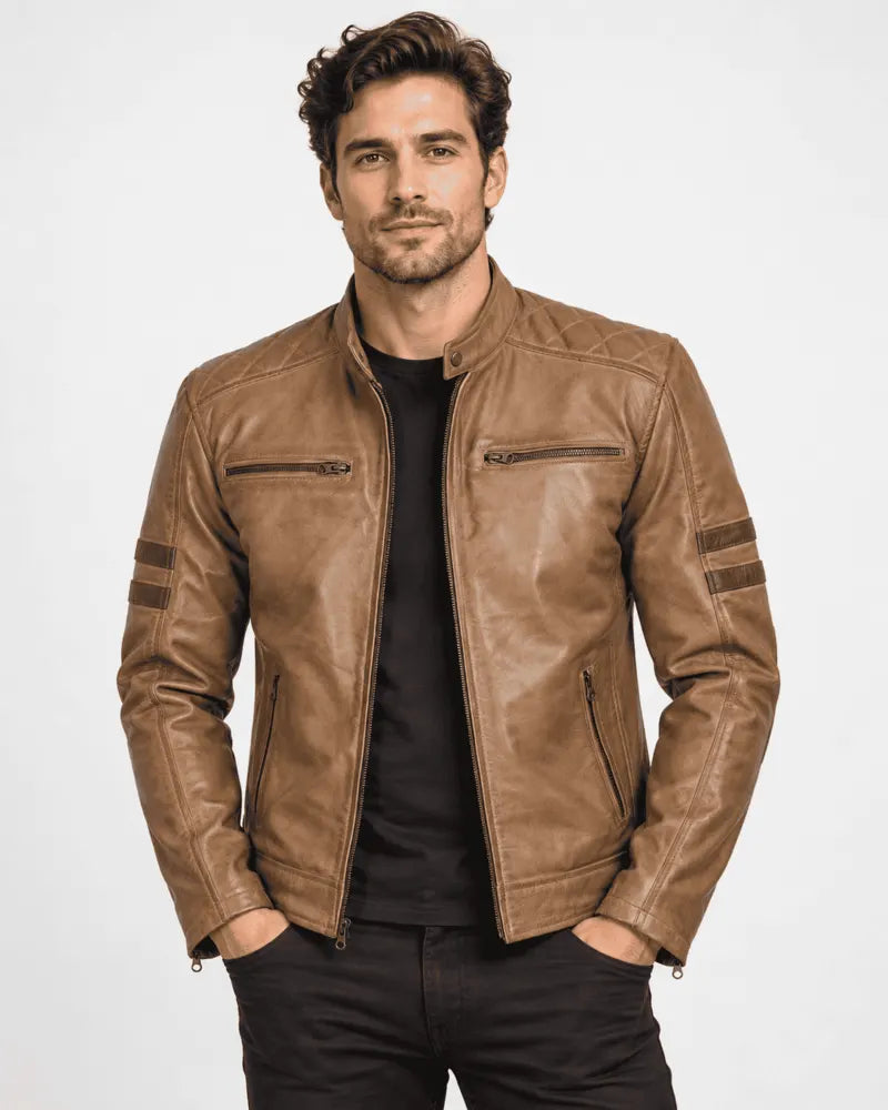 Marlowe Camel Waxed Leather Biker Jacket with Cognac Stripes