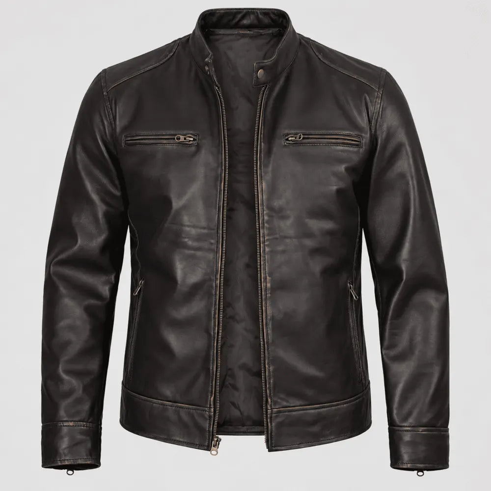 Men's Cinder Vale Distressed Brown Lambskin Biker Leather Jacket
