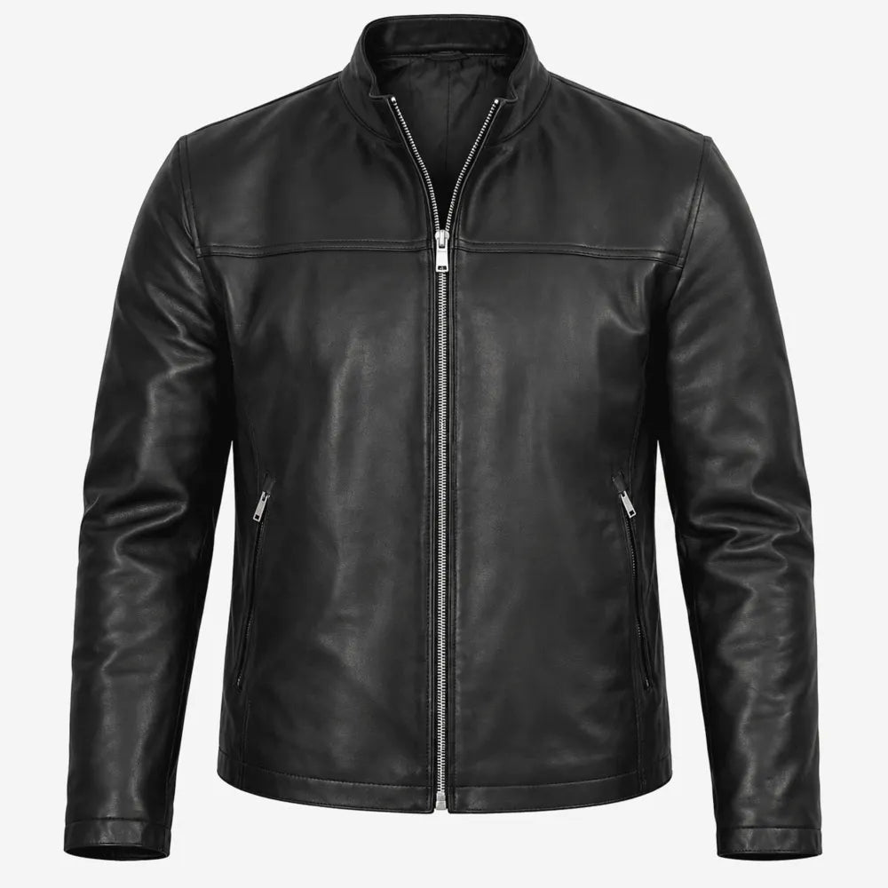 Men's Noir Crest Black Lambskin Biker Leather Jacket
