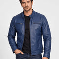 Men’s Royal Crest Blue Lambskin Leather Cafe Racer Jacket