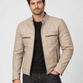 Men’s Sandstone Crest Beige Lambskin Leather Biker Jacket