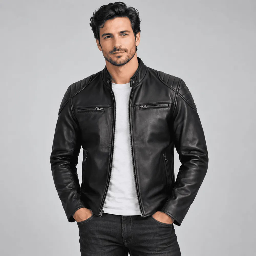 Men's Shadow Forge Black Lambskin Biker Leather Jacket