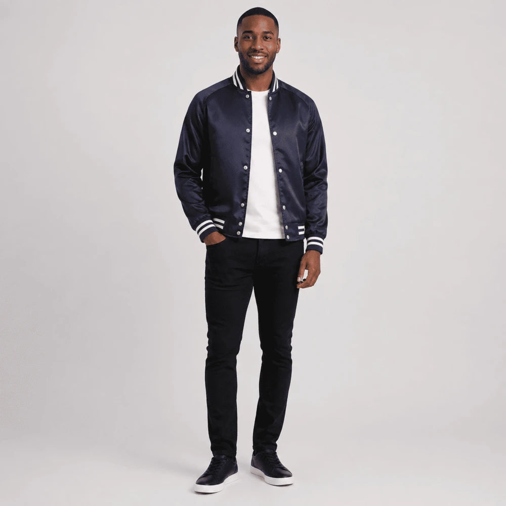 Monroe Navy Blue Satin Varsity Jacket