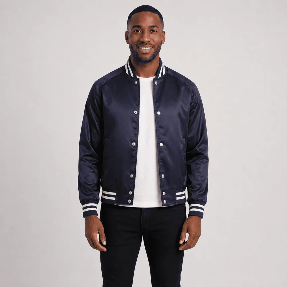 Monroe Navy Blue Satin Varsity Jacket