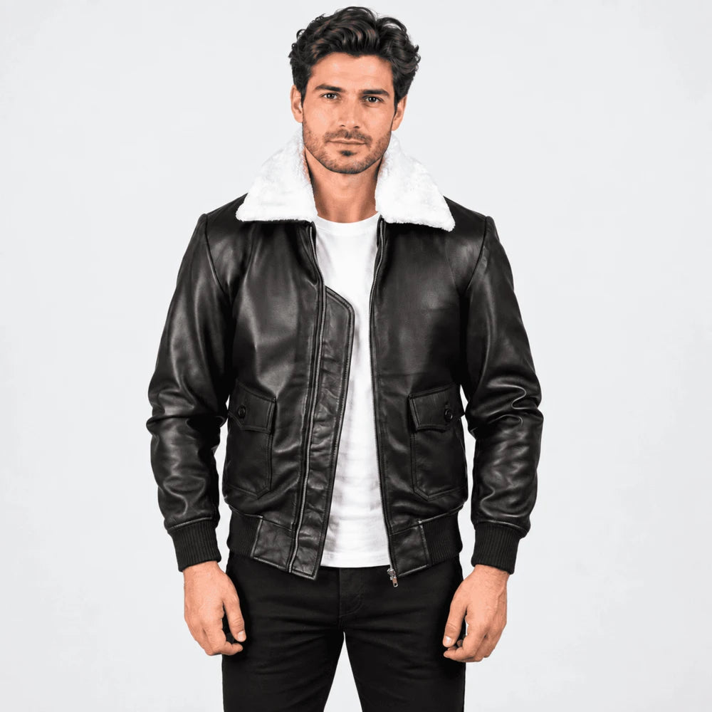 Noircrest Black & White Leather Bomber Jacket