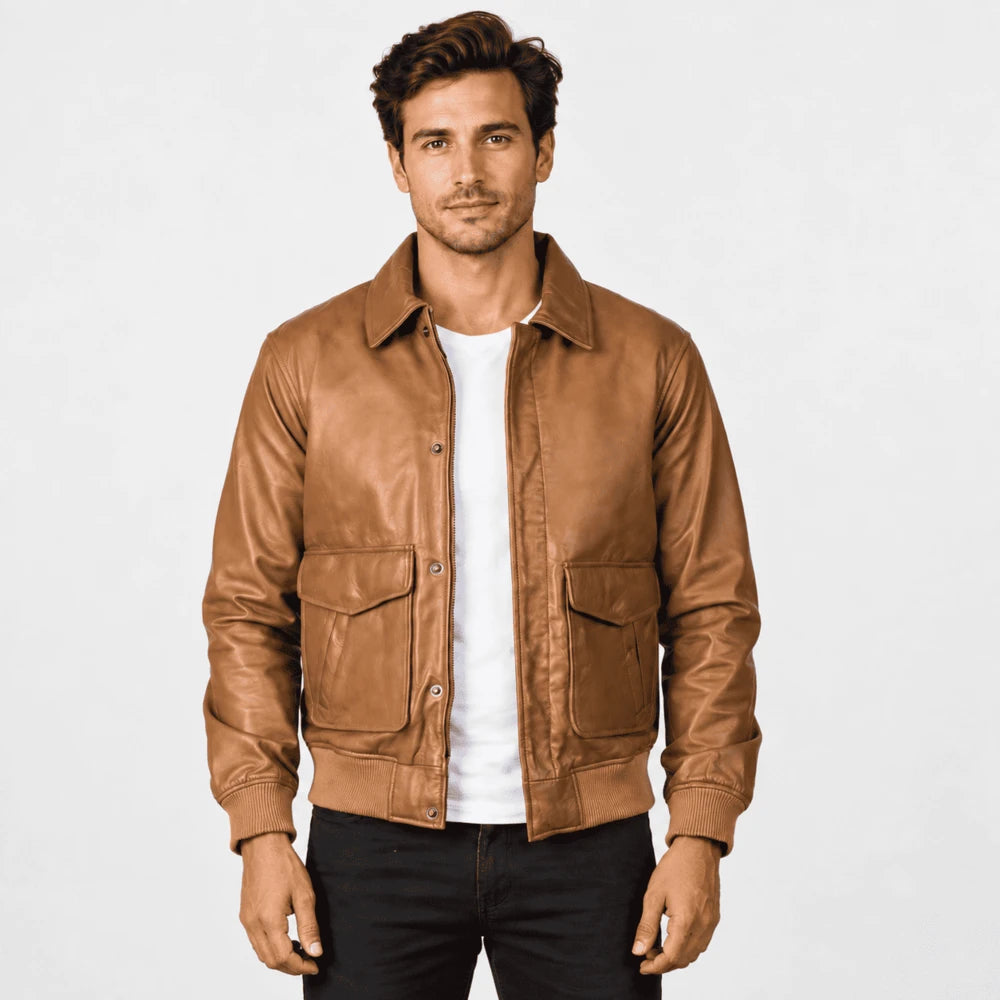 Oakmere Olive Brown Sheepskin Leather Bomber Jacket