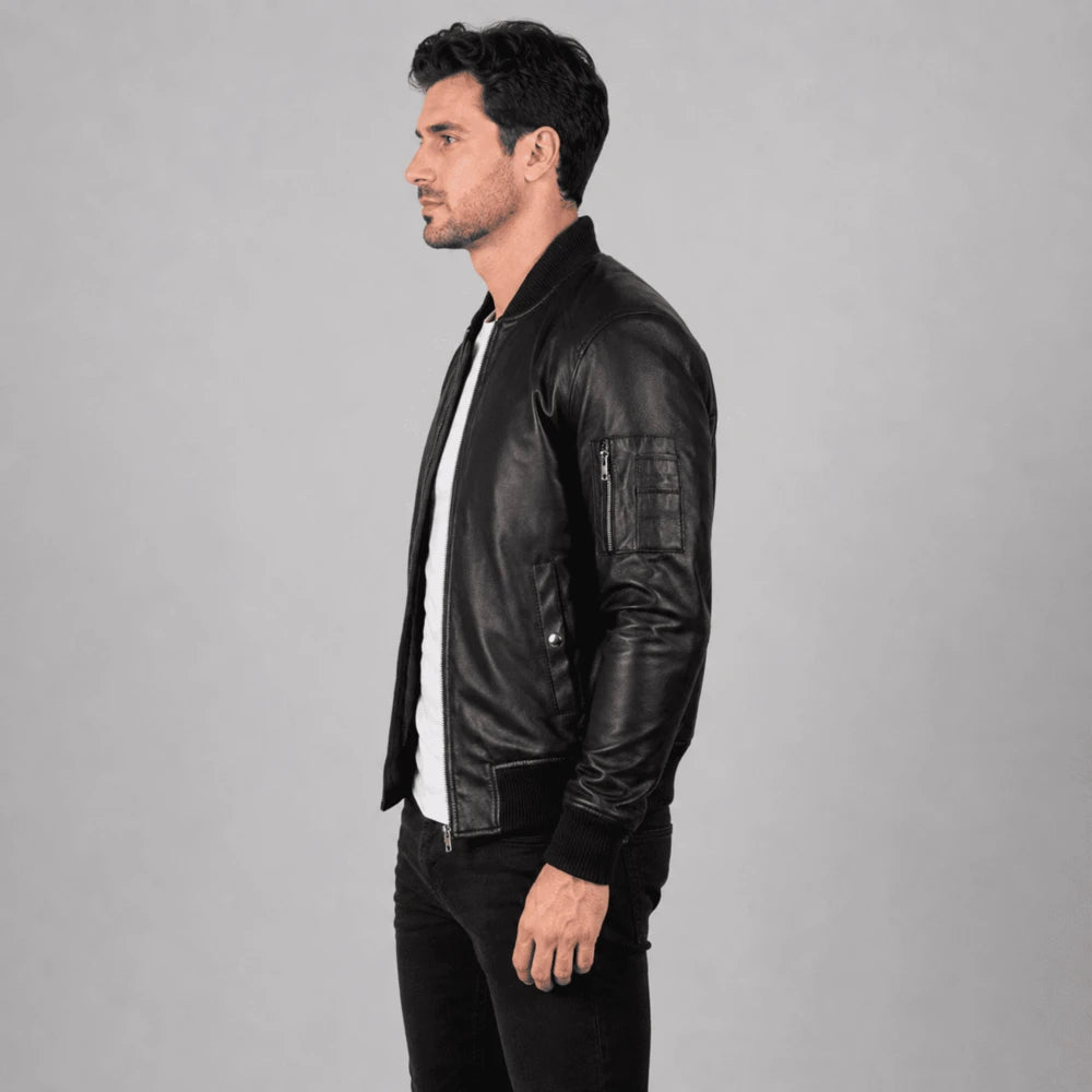 Raven Black Sheepskin Leather Bomber Jacket