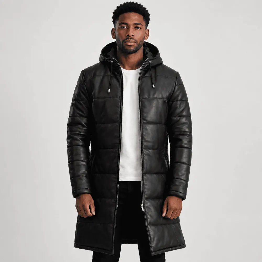 Ravenholt Black Sheepskin Leather Hooded Puffer Coat