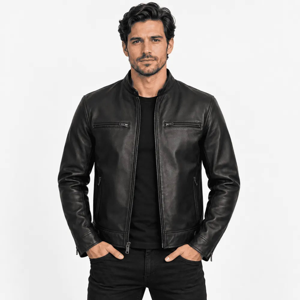Raventon Black Leather Biker Jacket – Semi-Aniline Sheepskin
