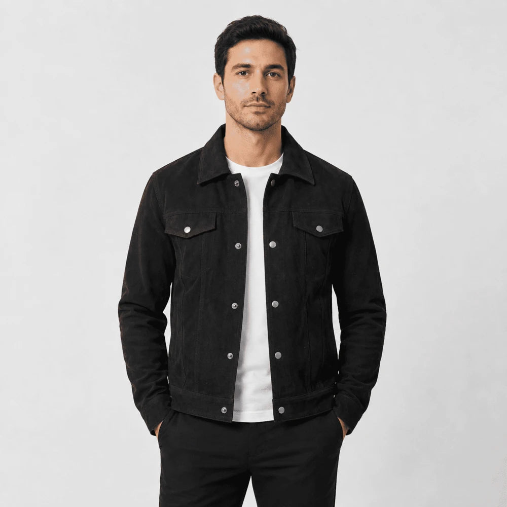 Sterling Black Goatskin Suede Trucker Jacket