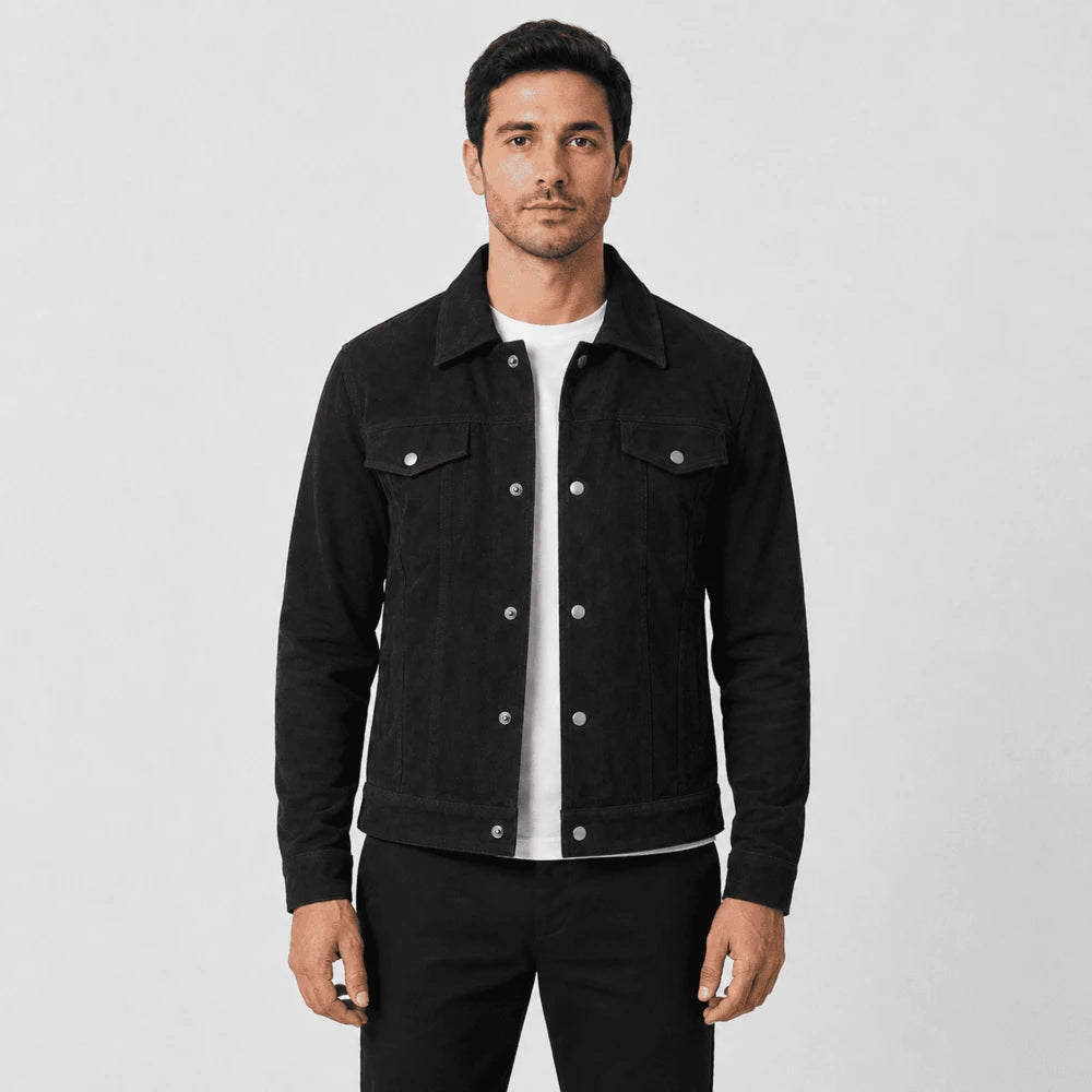 Sterling Black Goatskin Suede Trucker Jacket